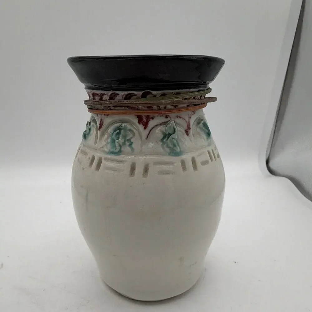 ceramic decorative vase white black blue brown accents textured glossy finish